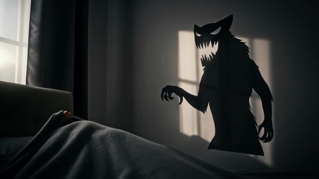 Child hiding in bed from scary monster shadow on wall, nightmares and fear of darkness concept, horror footage.