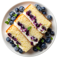 Blueberry vanilla cake slices with cream frosting, layered fruit dessert with fresh berries, soft sponge texture, bright minimal top view food photo with mint garnish