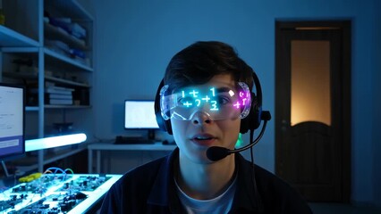 Young Caucasian Teen Male Wearing Augmented Reality Glasses with Futuristic Interface - Powered by Adobe