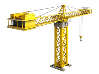 3d illustration of a large yellow construction tower crane isolated on transparent background, used for lifting and moving heavy materials in building sites and industrial areas