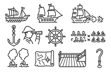 Naval Warfare Icons. Line style icons of naval warfare history: war galley, sail-and-cannon ship, cannon fire, naval broadside,