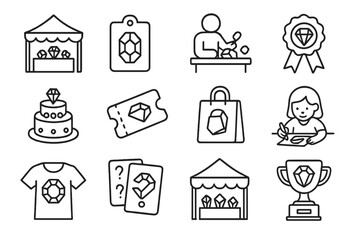 Gemstone Fair Icons. Line style icons of gemstone festivals and fairs: gemstone tent booth, collector badge, gem carving demo,