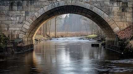 Historic stone arch bridge spanning a serene river landscape with lush surroundings