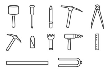 Antique Stone Carving Tools. Line style icons of stone carving antique tools: mallet, flat chisel, point chisel, tooth chisel,