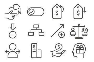 Behavioral Economics Icons Collection. Line style icons of behavioral economics links: nudge symbol, default option icon, behavior