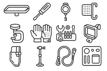 Zero-Gravity Tools Icons. Line style icons of zero-gravity tools and attachments: snap-on tray, magnetic tool handle, retractable