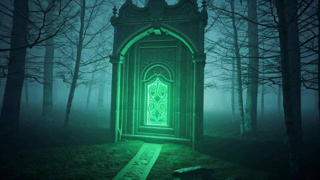 Glowing green gothic portal in misty forest, symbolizing magic, unknown realms, fantasy journey and spiritual transitions