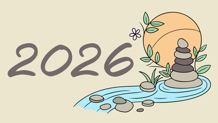 Illustration of the year 2026 with a zen stone stack and river.