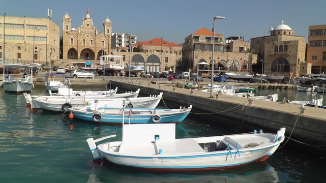 Boats docked in the port of Batroun, Lebanon.