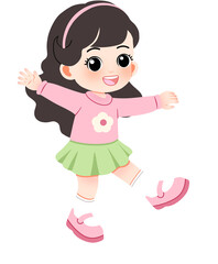 Joyful Girl with Flower Sweater and Green Skirt in Playful Pose