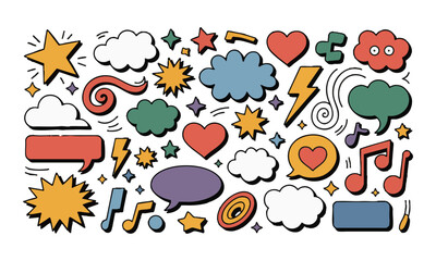 Naklejka premium Comic Doodle Elements Pack Stars, Lightning, Hearts, Music Notes, Clouds, and Abstract Symbols Vector Collection, easily editable and scalable.