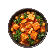 Delicious Tofu and Chickpea Curry with Kale in a Dark Bowl