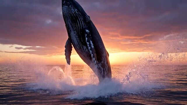 A majestic humpback whale breaches dramatically from the ocean as the sun sets, creating a spectacular splash against a colorful sky.