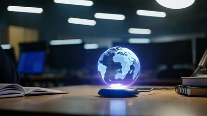 Male Hand Interacts with Futuristic Holographic Globe Display in Dimly Lit Room - Powered by Adobe