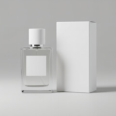 Blank perfume bottle with packaging box mockup on gray background