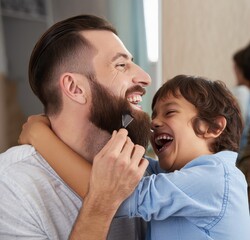 Father and Son Playful Moment - Boy Pretending to Shave Dad's Beard
