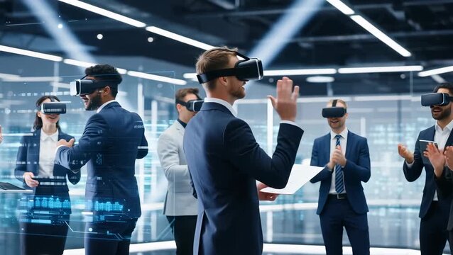 Diverse Group of Professionals Using Virtual Reality Technology in Modern Office