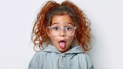 Young girl with red hair and glasses is making a funny face and sticking out her tongue. The image conveys a lighthearted and playful mood, as the girl's actions suggest she is having fun