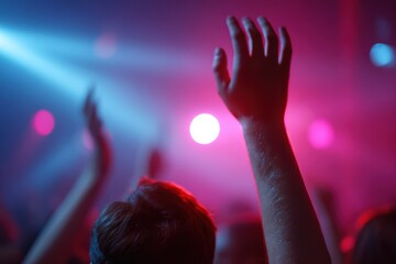 friends dancing at party, colorful lights and energetic mood