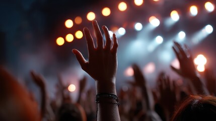 concert audience waving hands under stage lights, energetic vibe