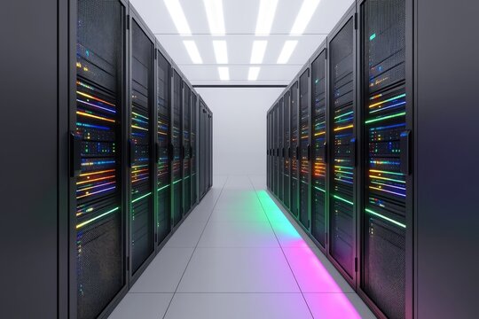Advanced data center corridor with rows of illuminated server racks and colorful LED reflections, symbolizing cloud computing, network infrastructure, cybersecurity, and digital technology