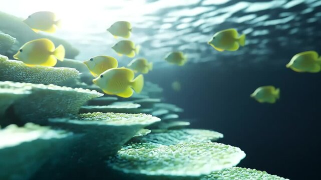 Vibrant Yellow Butterflyfish Schooling Near Coral Reef.