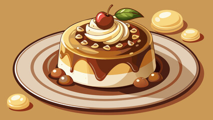 Budino, the Italian custard dessert, gleams with chocolate richness, topped with cream and nuts. Presented on a minimal dish, isolated background emphasizes smooth texture, comfort, and homely indulge