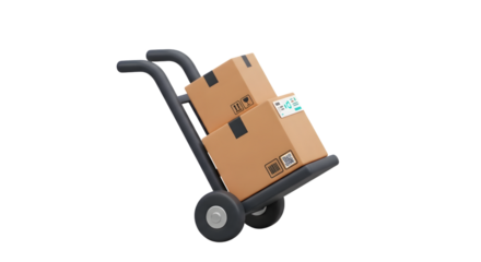A hand truck dolly loaded with two stacked cardboard shipping boxes for delivery or moving, isolated on a white background.