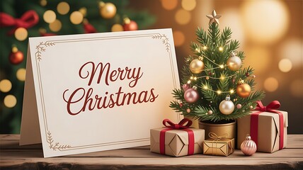 Festive Christmas Card and Decorated Tree with Gifts on Wooden Table
