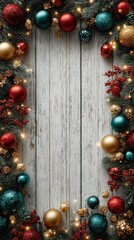 Colorful holiday decorations frame a rustic wooden background creating a festive atmosphere for celebration