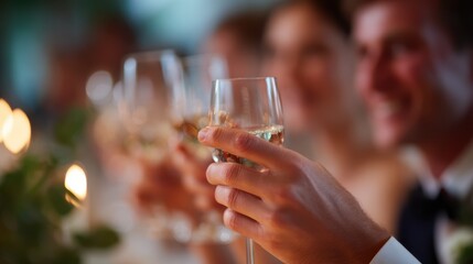 wedding guests raising glasses for toast, indoor celebration, smiles and laughter, festive mood