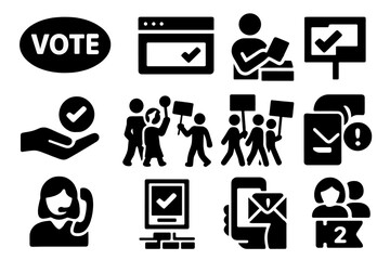 Voting Campaign Icons. Solid style icons of voting campaigns and promotion: vote button, social media banner, influencer with