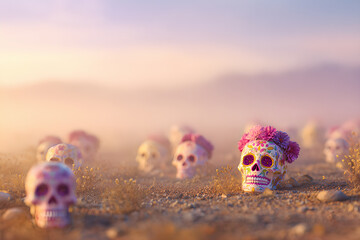 Colorful sugar skulls with pink flowers in desert mist &ndash; D&iacute;a de los Muertos and Halloween background