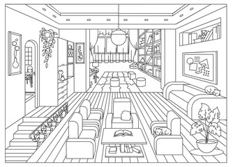 Rooms interior with furniture and home objects. Coloring page. Cozy family room. Linear sketch vector illustration