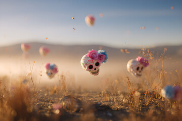 Floating sugar skulls with flowers in desert sunrise &ndash; D&iacute;a de los Muertos surreal Halloween scene