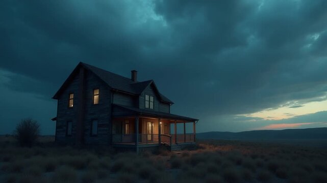 CGI Abandoned house in a deserted landscape under a stormy sky at dusk