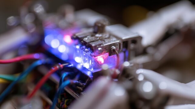 robotics workshop, engineers assembling humanoid robots, glowing circuits, futuristic innovation lab