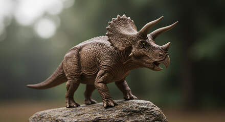 Obraz premium Realistic Triceratops Dinosaur Toy Standing on a Rock Amidst a Softly Blurred Natural Background