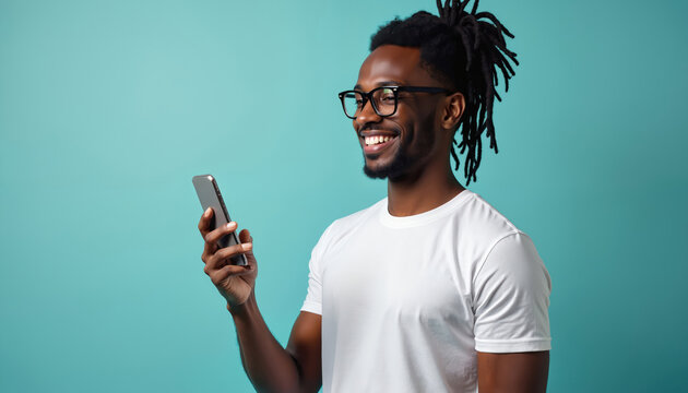 Black man with dreadlocks and glasses smiles while holding smartphone against teal background. He wears white t-shirt and appears engaged with device, possibly using mobile app or browsing content.