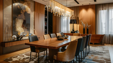 elegant dining room with long wooden table, designer chairs, chandelier, modern art on walls, cinematic luxury vibe, 16:9