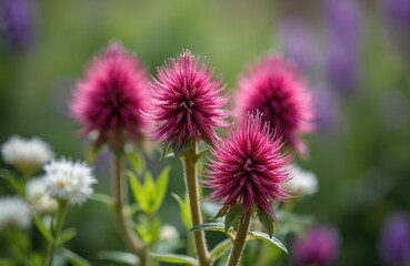 Fototapeta premium Pink Monarda fistulosa flowers, also known as Oswego Tea Bee Balm, in garden setting. Distinctive blooms feature spiky petals, vibrant color, attracting bees, pollinators to nectar-rich centers.