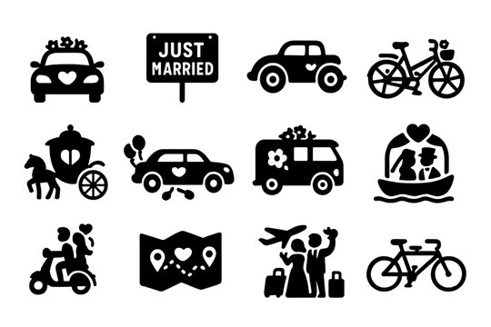Wedding Transport Icons. Solid style icons of wedding transportation: decorated car, just married sign, vintage car, wedding
