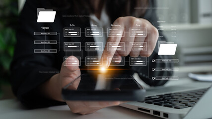 Project management system showing workflow stages, task progress, and review status. Task progress...