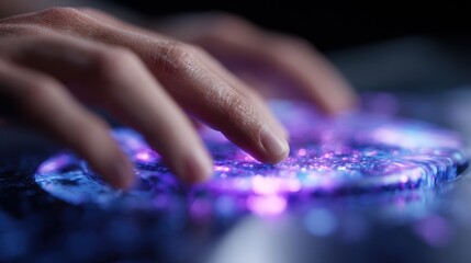 Fototapeta premium AI generative art workstation, creating 3D holographic illustrations, neon ambient lighting, futuristic creative lab