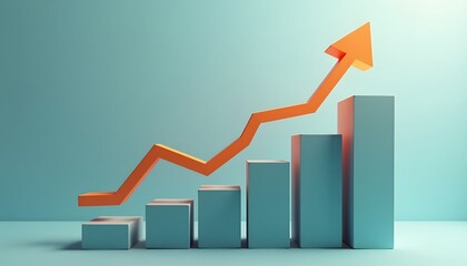 A red 3d business graph with a rising arrow shows financial growth and success on a White background