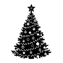 Decorated christmas tree silhouette isolated on white background