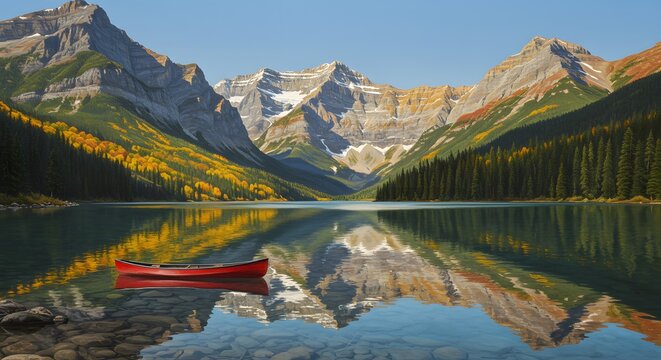 Mountain Lake Reflection: The still waters of a serene mountain lake mirror the majestic peaks and vibrant foliage of autumn, with a solitary red canoe adding a touch of contrast.