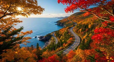 Obraz premium Scenic Autumn Coastline: A winding road meanders along a vibrant coastal landscape, framed by lush autumn foliage, under a brilliant blue sky. A picturesque display of nature's color palette. 