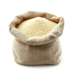 Brown burlap sack filled with wheat grains isolated on white background
