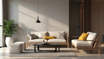 Modern minimalist living room interior with Scandinavian style furniture. Features comfortable sofa, armchair, coffee table, floor lamp. Natural wood elements like rattan chairs, wooden accents add